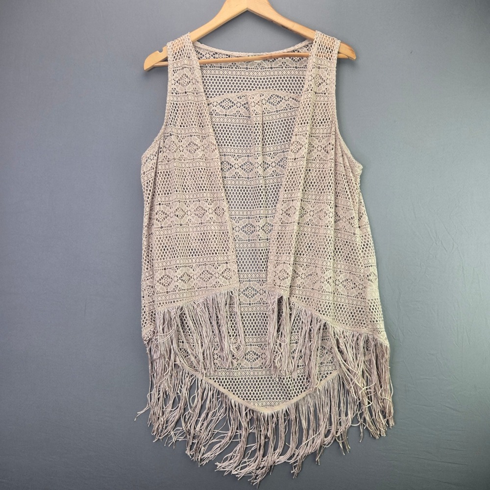 Eyeshadow Crochet Lace Vest Fringe Open Front XL Tan Boho Festival Layering